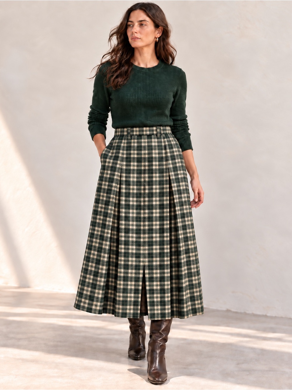 Vintage Plaid Wool Blend Maxi Skirt Pleated English Countryside Size 20